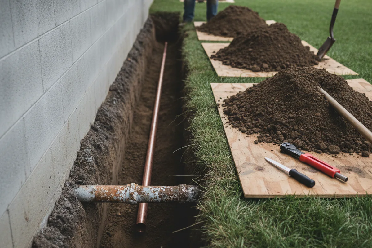 Excavated water line trench during Sewer Line Repair in Portlandville